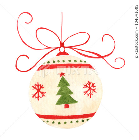 Christmas ball hanging on ribbon. Watercolor Christmas card for invitations, greetings, holidays and decor. 104041085