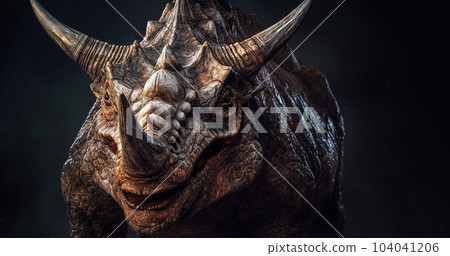 Triceratops dinosaurs on dark background. Dinosaur animal history concept living dinosaur. Late Cretaceous herbivores Triceratops dinosaurs on dark background. Dinosaur animal history concept living dinosaur. Late Cretaceous herbivores 104041206