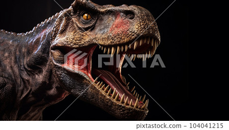 Trex, Tyrannosaurus rex.Head close of Green Dinosaur Tyrannosaurus Rex with open mouth in attack position dark background 104041215