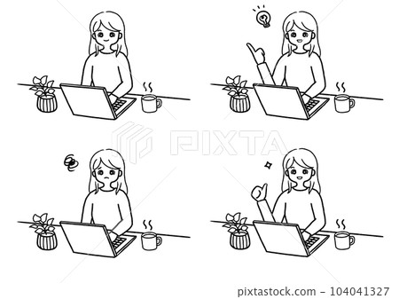 A line drawing illustration set of a woman with straight hair working on a computer A line drawing illustration set of a woman with straight hair working on a computer 104041327