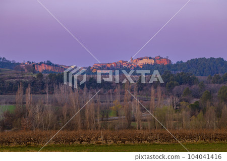 Landscape with historic ocher village Roussillon, Provence, Luberon, Vaucluse, France Landscape with historic ocher village Roussillon, Provence, Luberon, Vaucluse, France 104041416
