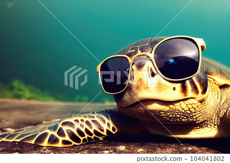 3D-image of sea turtle wearing a sunglasses 104041802