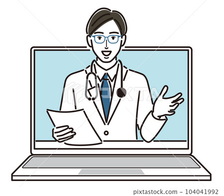 Online medical examination of a male doctor with documents 104041992