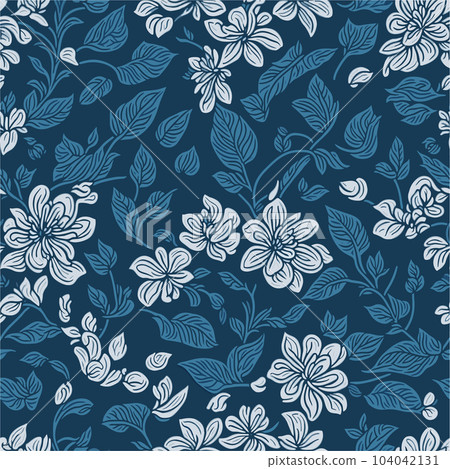 Seamless pattern with abstract flowers on darck Vector background. Creative color floral surface design. 104042131