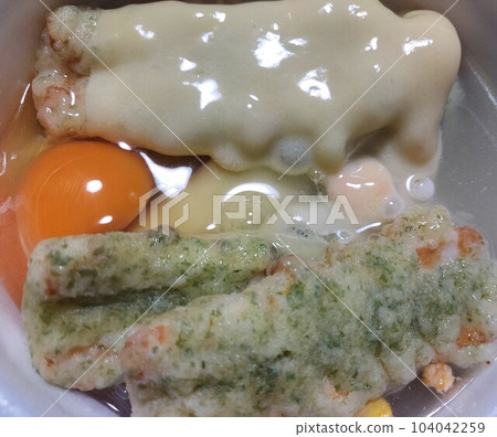 Chikuwa & melted cheese & egg plate. 104042259