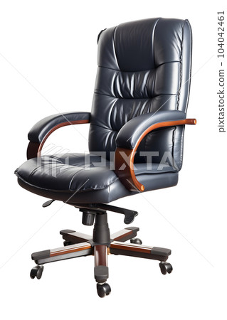 black leather office chair isolated on white background, three quarters view, neural network generated image 104042461
