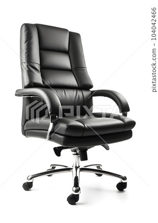 black leather office chair isolated on white background, three quarters view, neural network generated image 104042466
