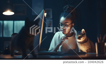 african american girl using laptop sitting at working table with her cats, neural network generated art 104042626