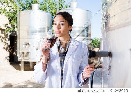 specialist in white coat examines glass of wine on the background of barrels for fermentation 104042663