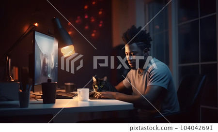 african american man using computer with his cat at night at home office, neural network generated image 104042691