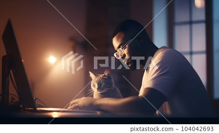 african american man using computer with his cat at night at home office, neural network generated image 104042693