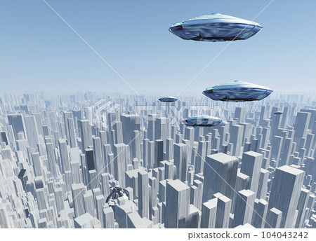 Flying saucers over futuristic megapolis 104043242
