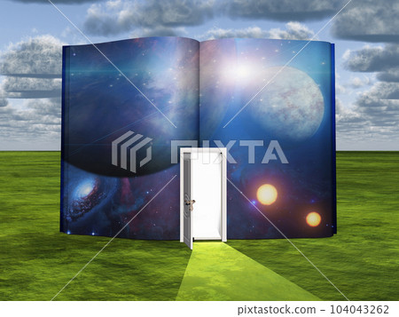 Book with science fiction scene and open doorway of light Book with science fiction scene and open doorway of light 104043262