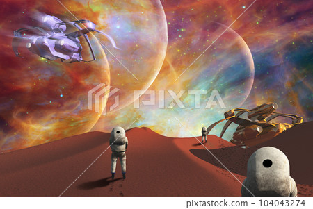 Space journey. Astronauts and spacecrafts on another planet 104043274