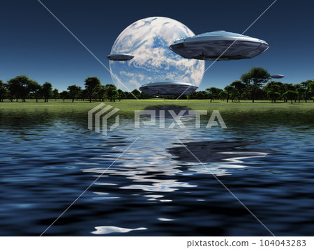 Spacecrafts flies over water surface Spacecrafts flies over water surface 104043283