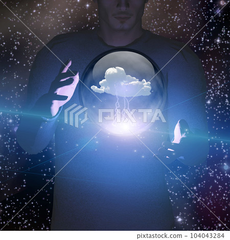 Man manipulation of sphere conmtaining cloud and lightning Man manipulation of sphere conmtaining cloud and lightning 104043284