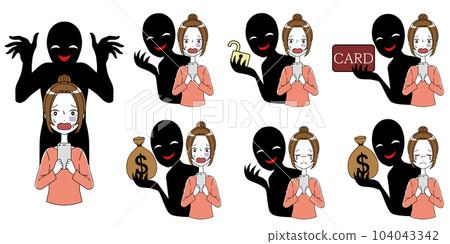 Illustration material set of images such as a woman with a smartphone and a scam of a bad person 104043342