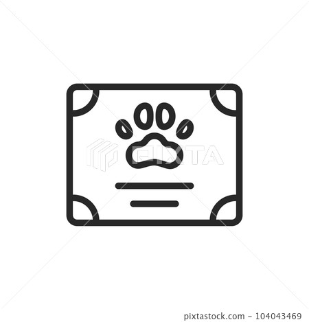 Veterinary Certificate Icon. Vector Outline Editable Sign of Diploma with Paw Representing Animal Awards Diploma, Vaccination Record, and Vet Clinic Services Veterinary Certificate Icon. Vector Outline Editable Sign of Diploma with Paw Representing Animal Awards Diploma, Vaccination Record, and Vet Clinic Services 104043469