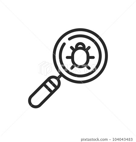 Tick Treatment Icon. Vector Outline Editable Sign of Magnifying Glass Focused on a Tick Representing Parasite Detection, Insect Control, and Veterinary Care in Pets. Tick Treatment Icon. Vector Outline Editable Sign of Magnifying Glass Focused on a Tick Representing Parasite Detection, Insect Control, and Veterinary Care in Pets. 104043483