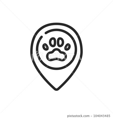 Vet Clinic Location Icon. Veterinary address Symbol. Vector Outline Editable Sign of Map Marker with Paw Symbol Indicating Pet Health and Care Service Address Vet Clinic Location Icon. Veterinary address Symbol. Vector Outline Editable Sign of Map Marker with Paw Symbol Indicating Pet Health and Care Service Address 104043485