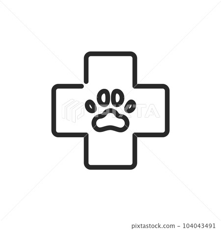 Veterinary or Vet Clinic Icon. Vector Outline Editable Sign of Medical Cross with Paw, Symbol Representing Animal Health and Care Services. Veterinary or Vet Clinic Icon. Vector Outline Editable Sign of Medical Cross with Paw, Symbol Representing Animal Health and Care Services. 104043491