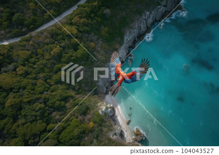 Get lost in the mesmerizing view of a colorful bird flying above the sandy shores and crystal clear waters of a tropical beach in this stunning stock photo, AI Generative. 104043527