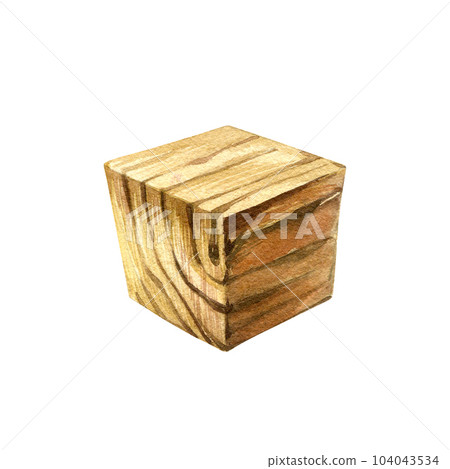 Realistic wooden fibers cube isolated on white background. Watercolor hand drawing detailed illustration. Art for design Realistic wooden fibers cube isolated on white background. Watercolor hand drawing detailed illustration. Art for design 104043534