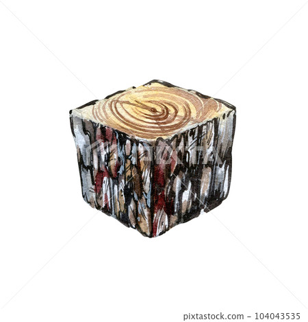 Realistic wooden fibers cube with bark isolated on white background. Watercolor hand drawn illustration. Art for design Realistic wooden fibers cube with bark isolated on white background. Watercolor hand drawn illustration. Art for design 104043535
