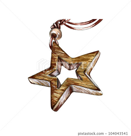 Realistic wooden texture star decoration isolated on white background. Watercolor hand draw illustration. Art for design Realistic wooden texture star decoration isolated on white background. Watercolor hand draw illustration. Art for design 104043541