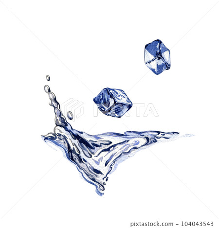 Water splashing with ice cubes isolated on white background. Watercolor handrawing illustration. Art for stylish design Water splashing with ice cubes isolated on white background. Watercolor handrawing illustration. Art for stylish design 104043543