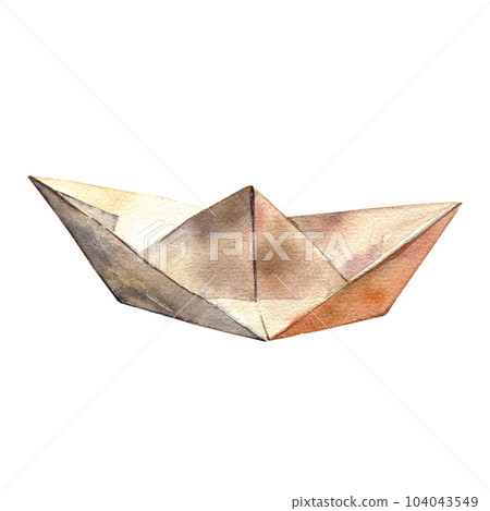 Realistic paper origami boat isolated on white background. Watercolor hand drawing detailed illustration. Art for design Realistic paper origami boat isolated on white background. Watercolor hand drawing detailed illustration. Art for design 104043549