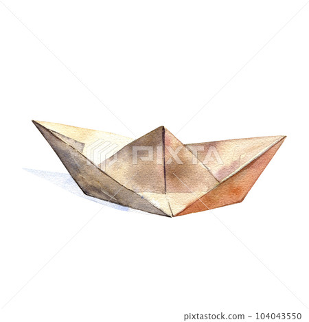 Realistic paper origami boat isolated on white background. Watercolor hand drawing detailed illustration. Art for design Realistic paper origami boat isolated on white background. Watercolor hand drawing detailed illustration. Art for design 104043550
