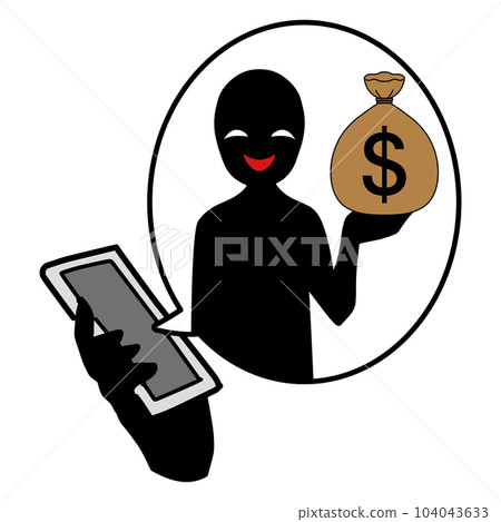 Illustration material of an image of a suspicious villain with a smartphone and money 104043633