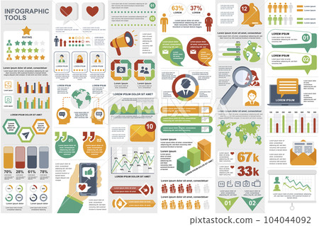Social media infographic elements set. Social marketing and networking visualization templates bundle. Colorful info graphics diagram, stock and flow charts, line and bar graphs vector illustration. Social media infographic elements set. Social marketing and networking visualization templates bundle. Colorful info graphics diagram, stock and flow charts, line and bar graphs vector illustration. 104044092