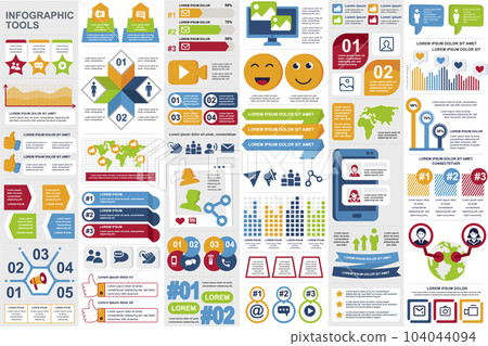 Social media infographic elements set. Social marketing and networking visualization templates bundle. Colorful info graphics diagram, stock and flow charts, line and bar graphs vector illustration. Social media infographic elements set. Social marketing and networking visualization templates bundle. Colorful info graphics diagram, stock and flow charts, line and bar graphs vector illustration. 104044094