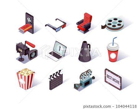 Movie production isometric icons set. Filmmaking industry, video camera, clap board, cinema strip and megaphone. Cinema entertainment, popcorn, online ticket, soda and 3d glasses 3d vector isometry. 104044118
