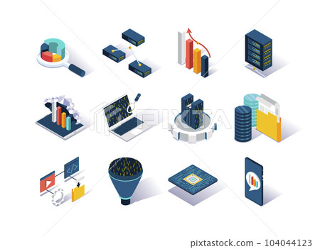 Big data isometric icons set. Data collection, storage in cloud database and analysis. Computer technology and scientific methods and algorithms. Data analysis and interpretation 3d vector isometry. 104044123