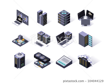 Data center isometric icons set. Servers equipment, mining station, super computer and network routers. Computer technology, cloud network and database platform, hosting service 3d vector isometry. 104044129