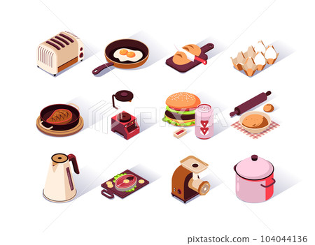 Kitchen utensils isometric icons set. Toaster, coffee maker, hamburger with soda, electric kettle, meat grinder, blender and fried eggs in pan. Cooking tools and food ingredients 3d vector isometry. Kitchen utensils isometric icons set. Toaster, coffee maker, hamburger with soda, electric kettle, meat grinder, blender and fried eggs in pan. Cooking tools and food ingredients 3d vector isometry. 104044136