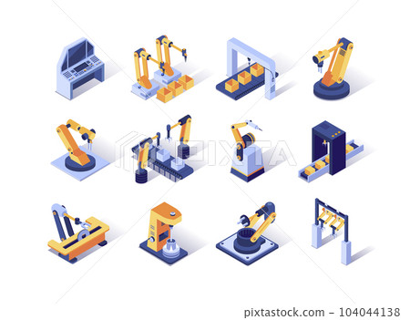 Robotization industry isometric icons set. Automatic equipment, production line manufacturer factory. Robotic arms for conveyor line 3d vector isometry. Programming welding and manipulating robots 104044138