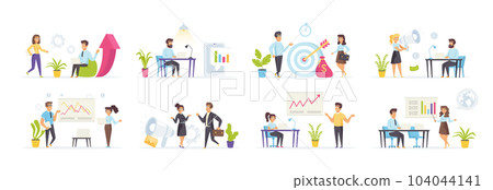 Digital marketing set with people character in various scenes. Business analyst presenting marketing research, marketer with megaphone. Bundle of business analysis and targeted marketing in flat style 104044141