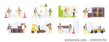 Construction workers in safety helmets and uniform set in various situations. Carpenter, bricklayer, welder and painter work at construction site. Bundle of professional building team in flat style. 104044156