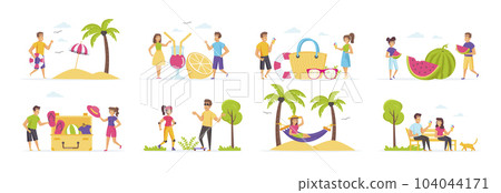 Summer holidays set with people characters in various situations. Happy people relaxing at beach with palms, eating watermelon and ice cream, sunbathing and skateboarding. Bundle of tropical vacation 104044171