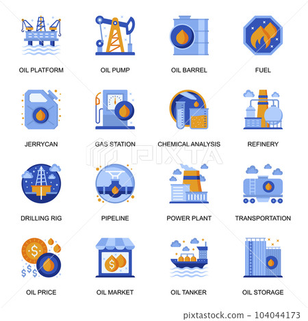 Oil industry icons set in flat style. Oil platform and pump, chemical analysis, power plant and pipeline, tanker transportation, drilling rig signs. Fuel production pictograms for UX UI design. Oil industry icons set in flat style. Oil platform and pump, chemical analysis, power plant and pipeline, tanker transportation, drilling rig signs. Fuel production pictograms for UX UI design. 104044173