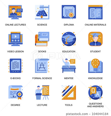 Education icons set in flat style. Formal science, online lectures and courses, question and answer, online materials and tools, video lesson signs. Distance education pictograms for UX UI design. Education icons set in flat style. Formal science, online lectures and courses, question and answer, online materials and tools, video lesson signs. Distance education pictograms for UX UI design. 104044184
