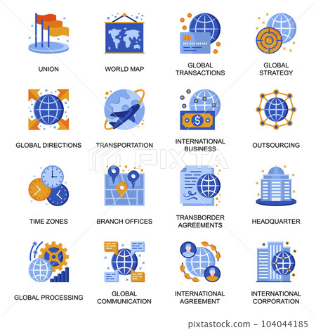 Global business icons set in flat style. Transborder agreement, world transportation and communication, time zones, outsourcing company signs. International corporation pictograms for UX UI design. 104044185