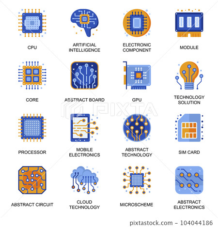 Electronics icons set in flat style. Artificial intelligence, CPU core, GPU module, computer processor, technology solution, micro scheme signs. Electronic components pictograms for UX UI design. 104044186