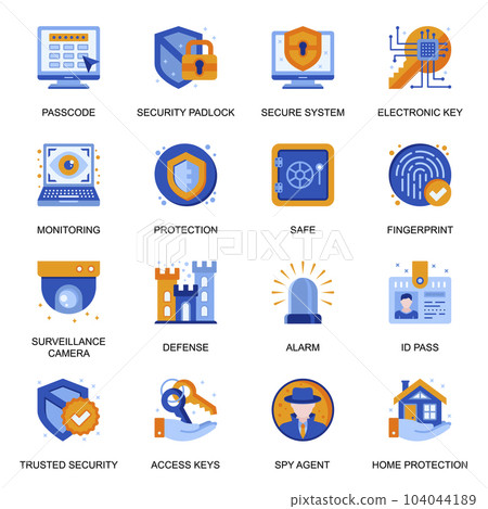 Security system icons set in flat style. Electronic key, surveillance camera and fingerprint, detecting and monitoring, id pass, safe, spy agent signs. Home protection pictograms for UX UI design. 104044189