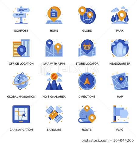 Navigation system icons set in flat style. Headquarter location, route and direction, no signal area, store locator, satellite and pinpointer signs. Global gps navigation pictograms for UX UI design. Navigation system icons set in flat style. Headquarter location, route and direction, no signal area, store locator, satellite and pinpointer signs. Global gps navigation pictograms for UX UI design. 104044200