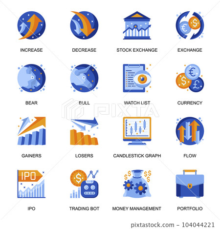 Stock trading icons set in flat style. Bear and bull market, currency exchange, stock trading bot, increase and decrease, money flow, watch list signs. Money management pictograms for UX UI design. Stock trading icons set in flat style. Bear and bull market, currency exchange, stock trading bot, increase and decrease, money flow, watch list signs. Money management pictograms for UX UI design. 104044221